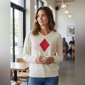 New York & Company Ivory & Pink Lightweight V-neck Argyle Sweater